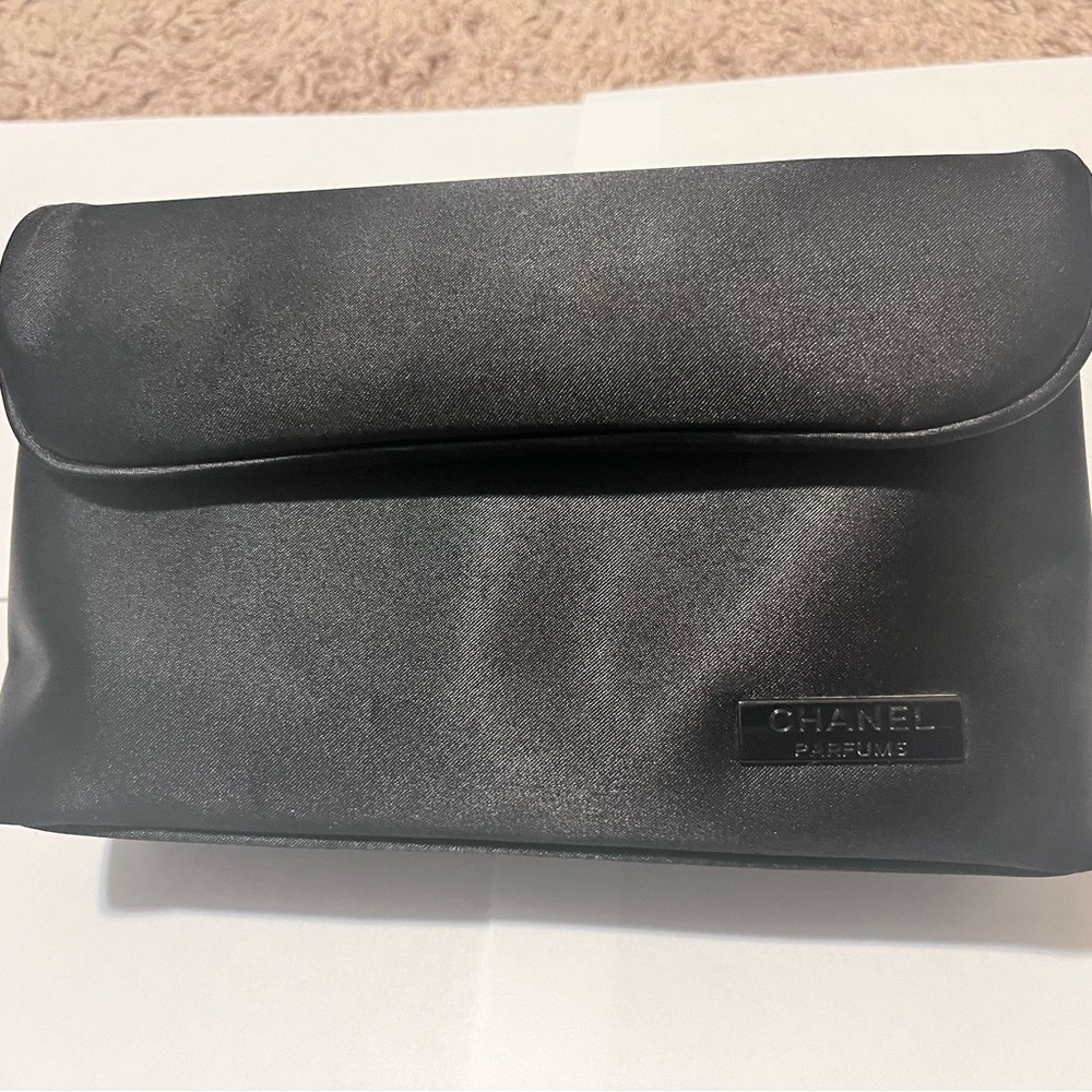 Chanel Parfum Silky Black Sateen Clutch Bag with Magnetic Closure.